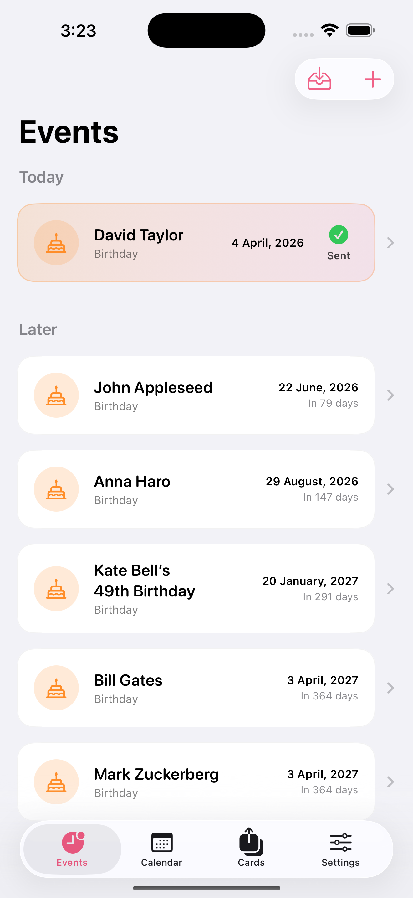 Happy Birthday Greeting events list