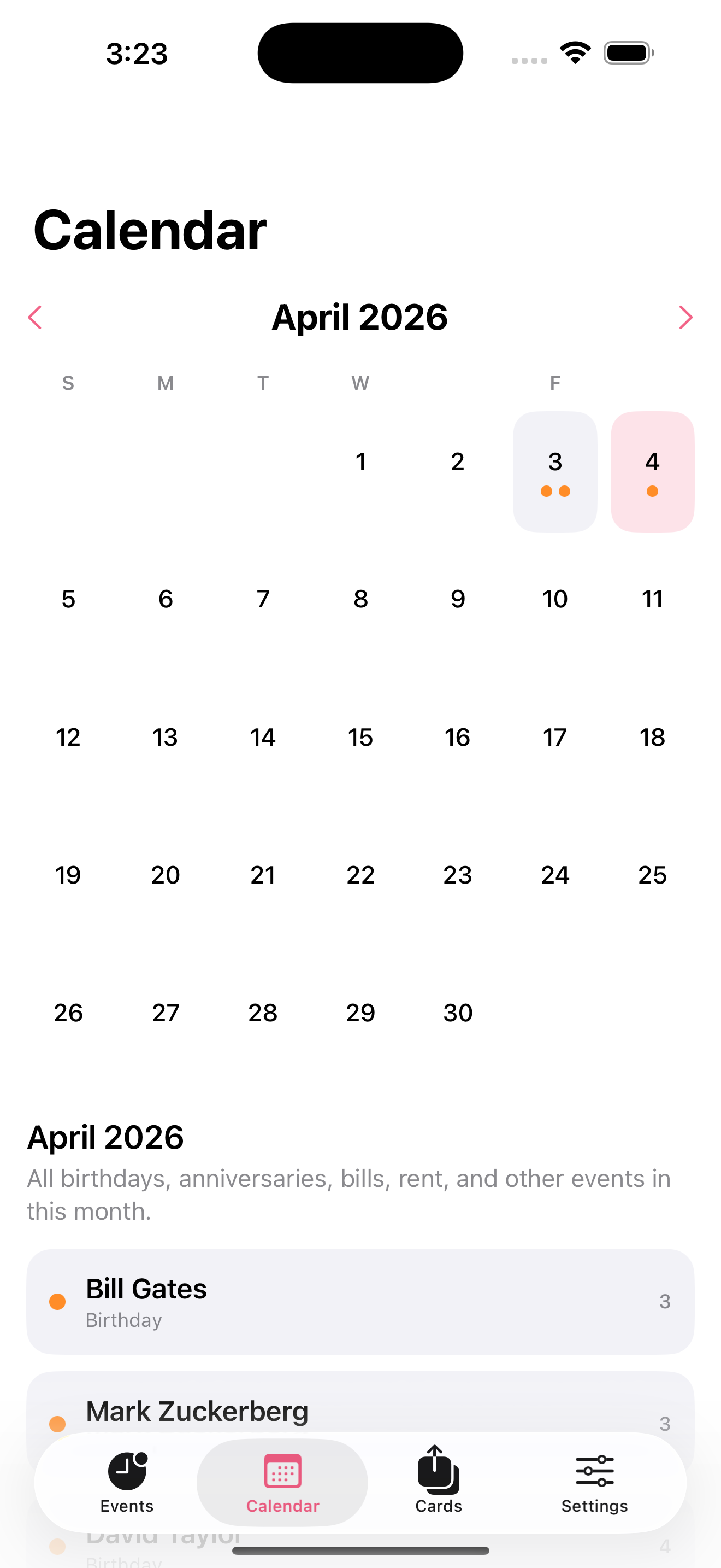 Happy Birthday Greeting calendar view