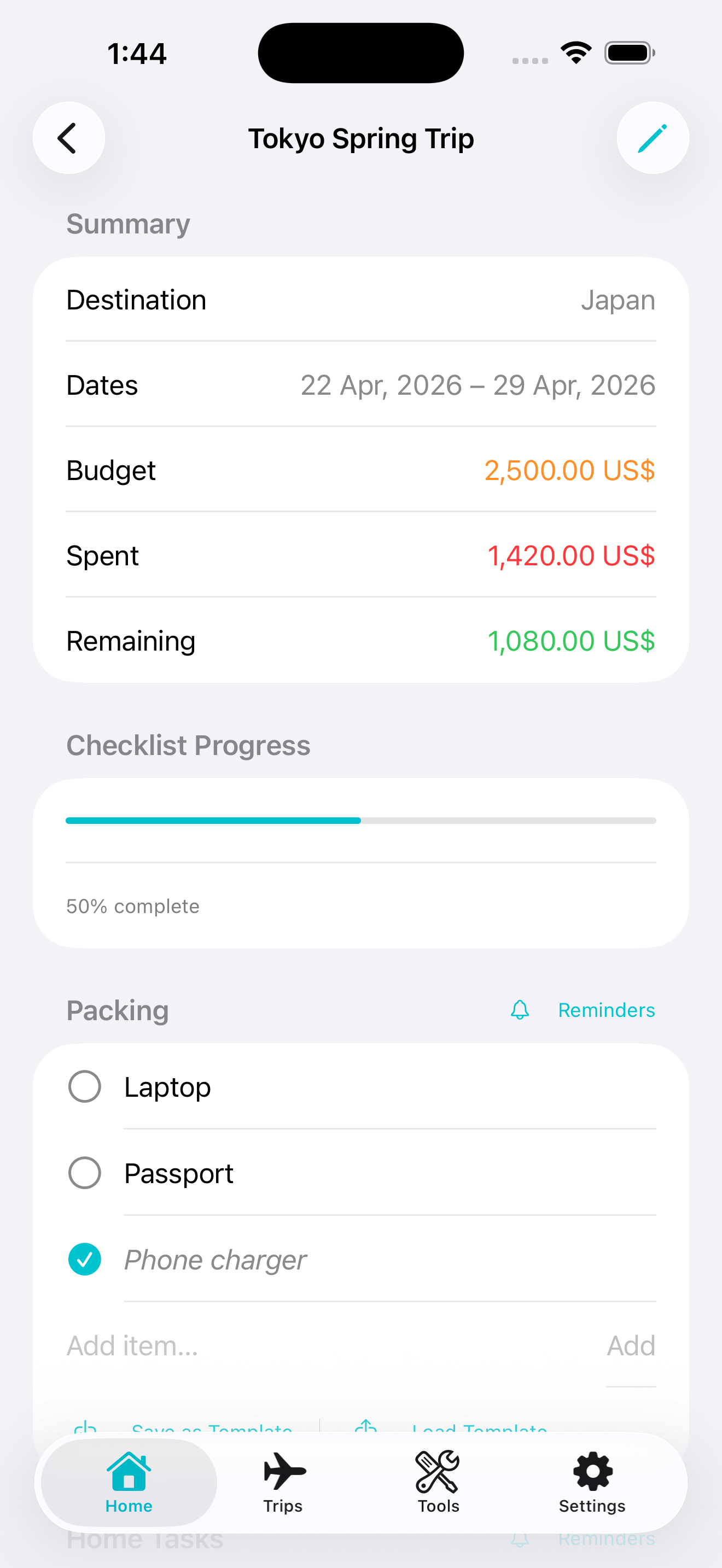 Travel Utility Pro trip dashboard
