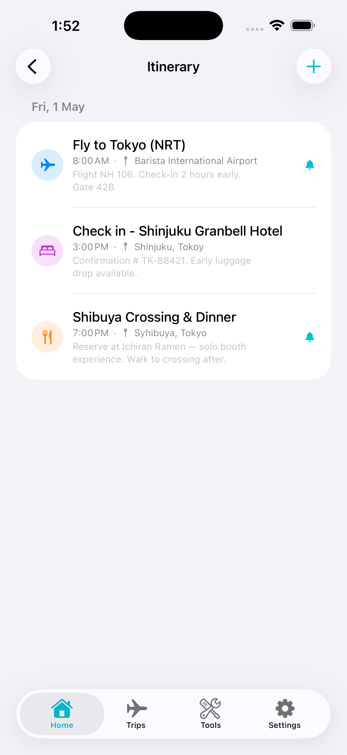 Travel Utility Pro itinerary screen