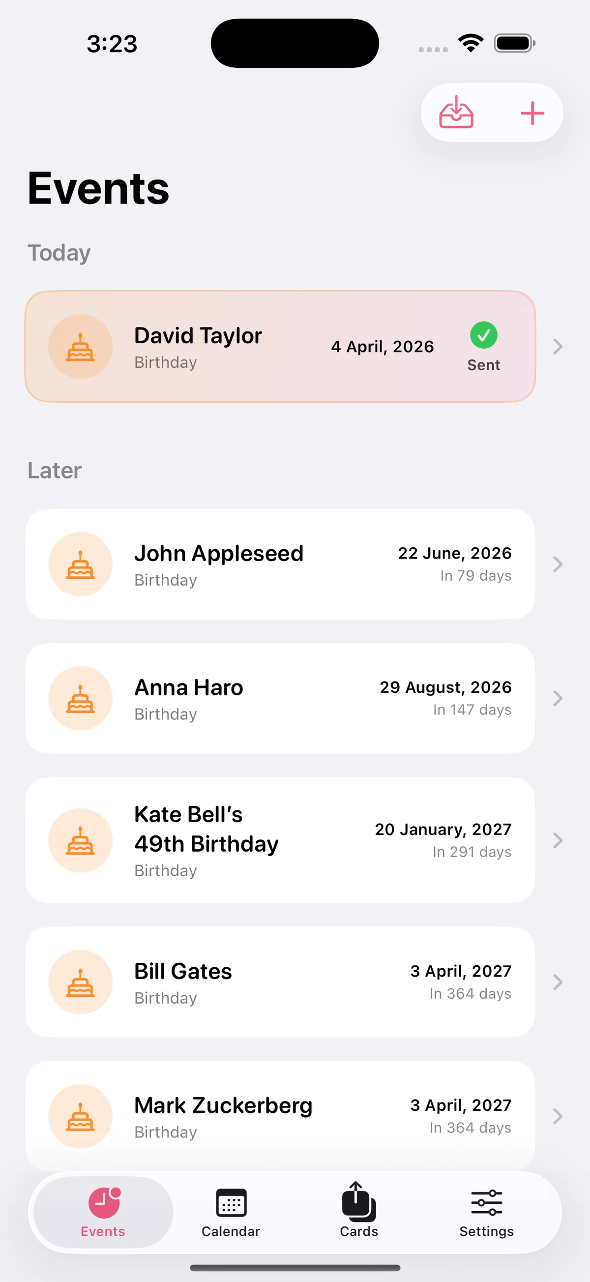 Happy Birthday Greeting events list