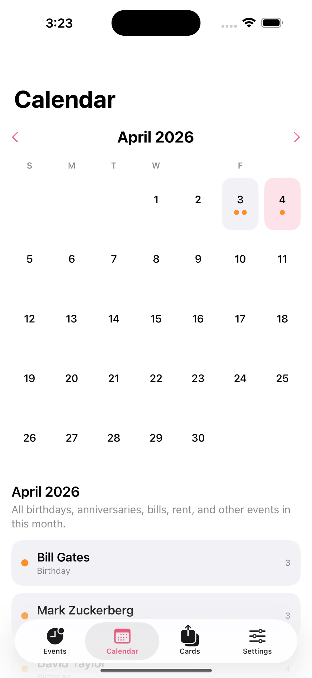 Happy Birthday Greeting calendar view