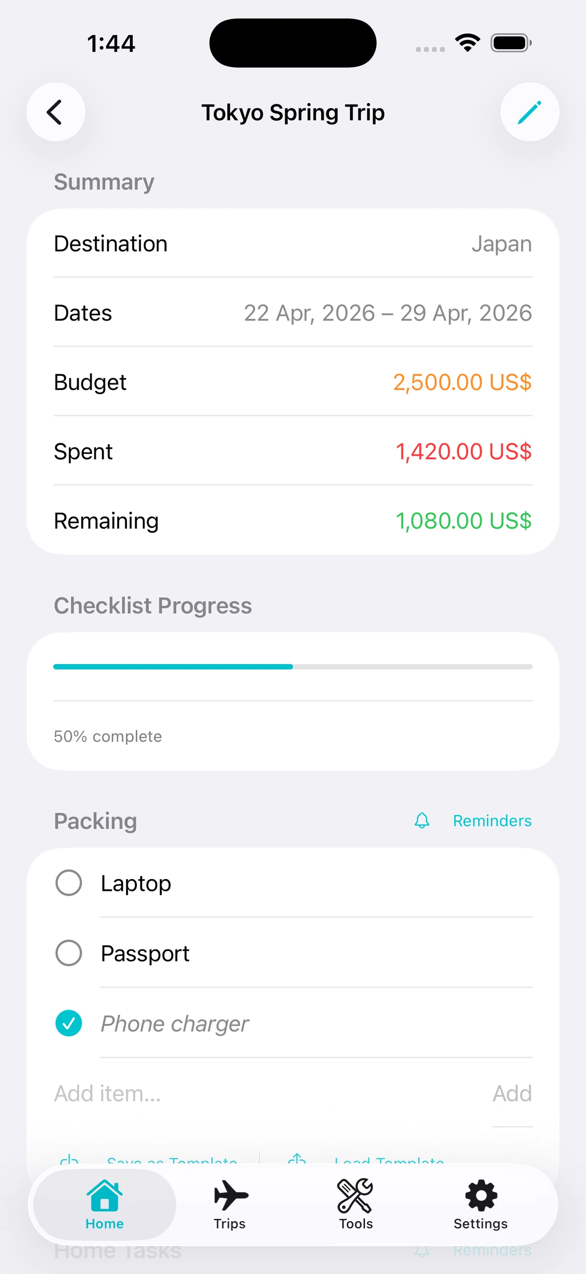 Travel Utility Pro trip dashboard