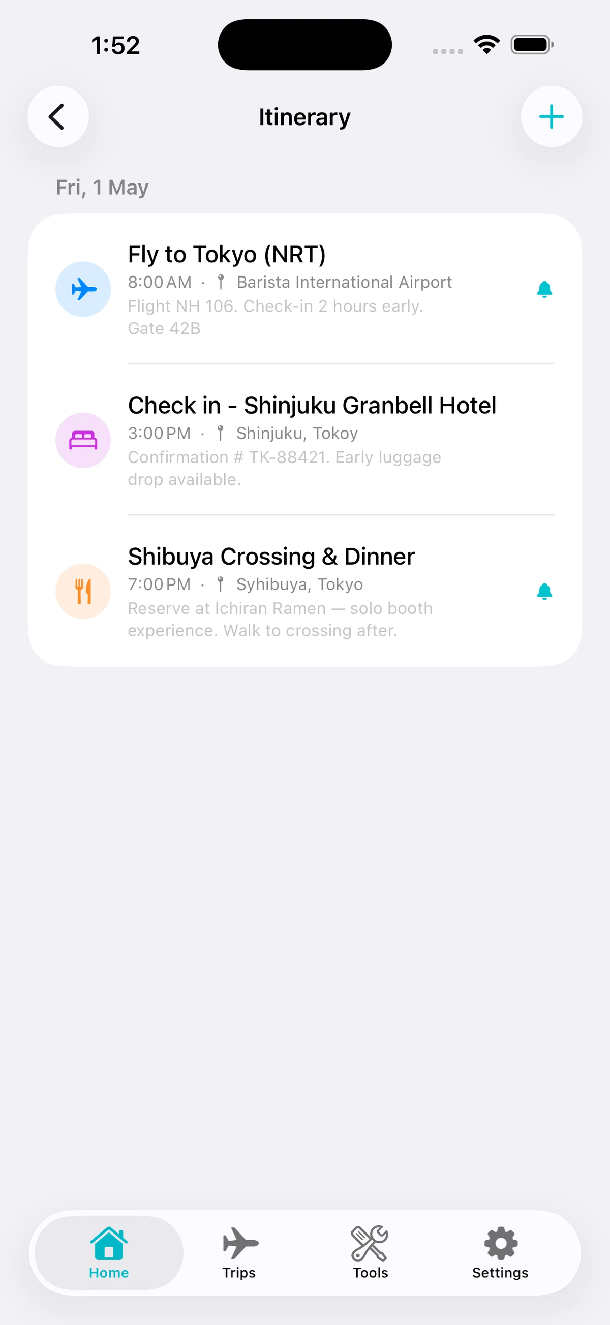 Travel Utility Pro itinerary screen