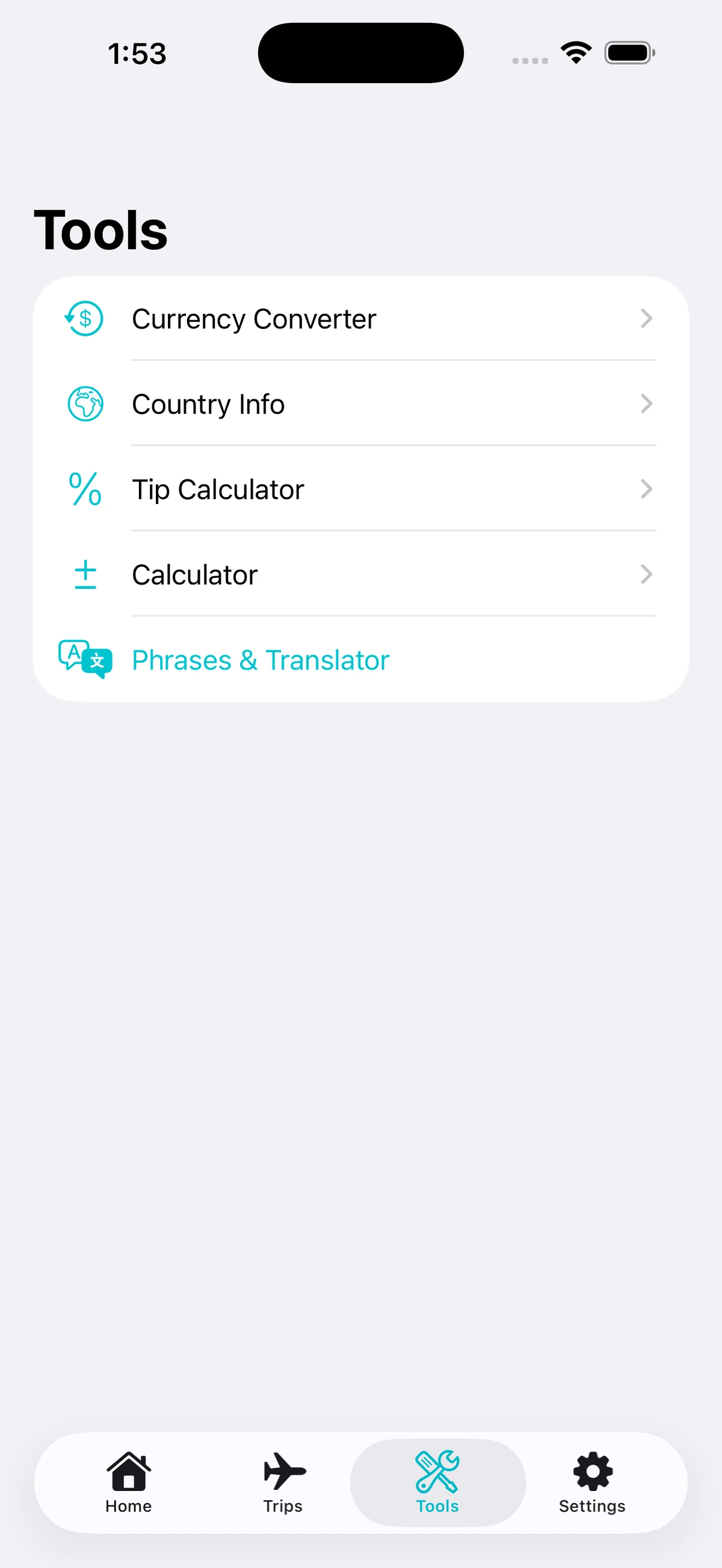 Travel Utility Pro travel tools menu